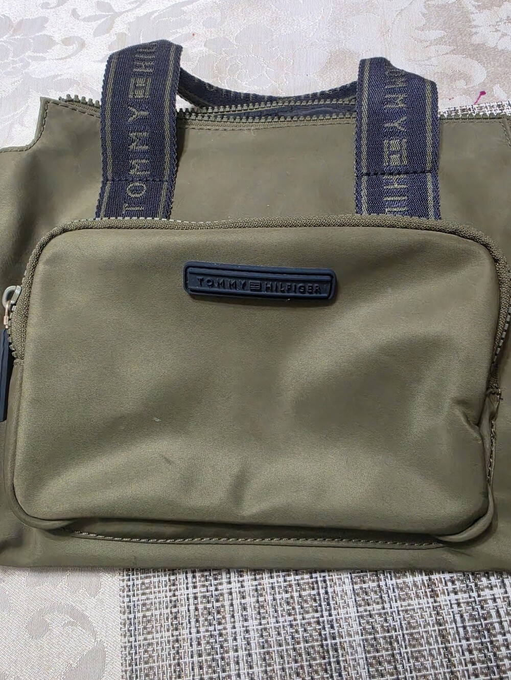 Tommy Hilfiger Olive Green Messenger Bag with Branded Webbed Handles
